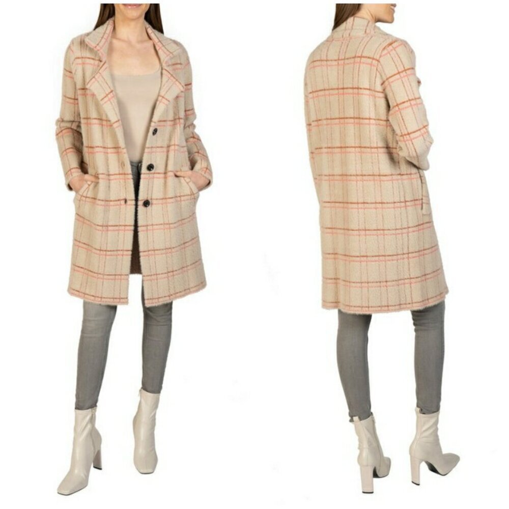 💕LOVE TOKEN💕 Eve Button Down Coatigan ~ Beige Plaid Windowpane Print Large NWT